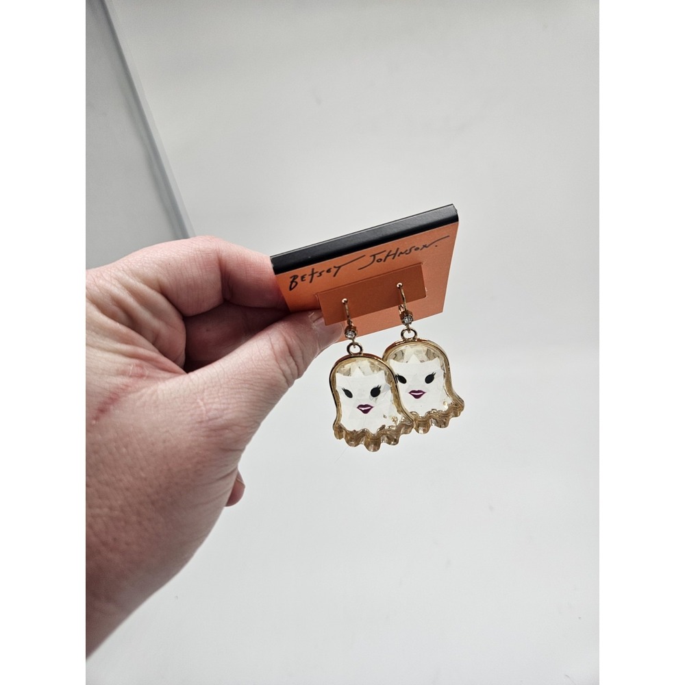 Betsey Johnson Dangling Earrings Girl Ghost Halloween Dangle Clear Gold Tone